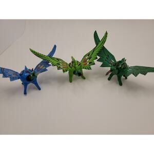 3 Miniature Mexican Folk Art Painted Wooden Dragons Bobble Nodder Head Figure